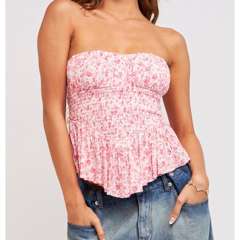 Island Gypsy Pink Floral Ruffled Tube Top with tie back